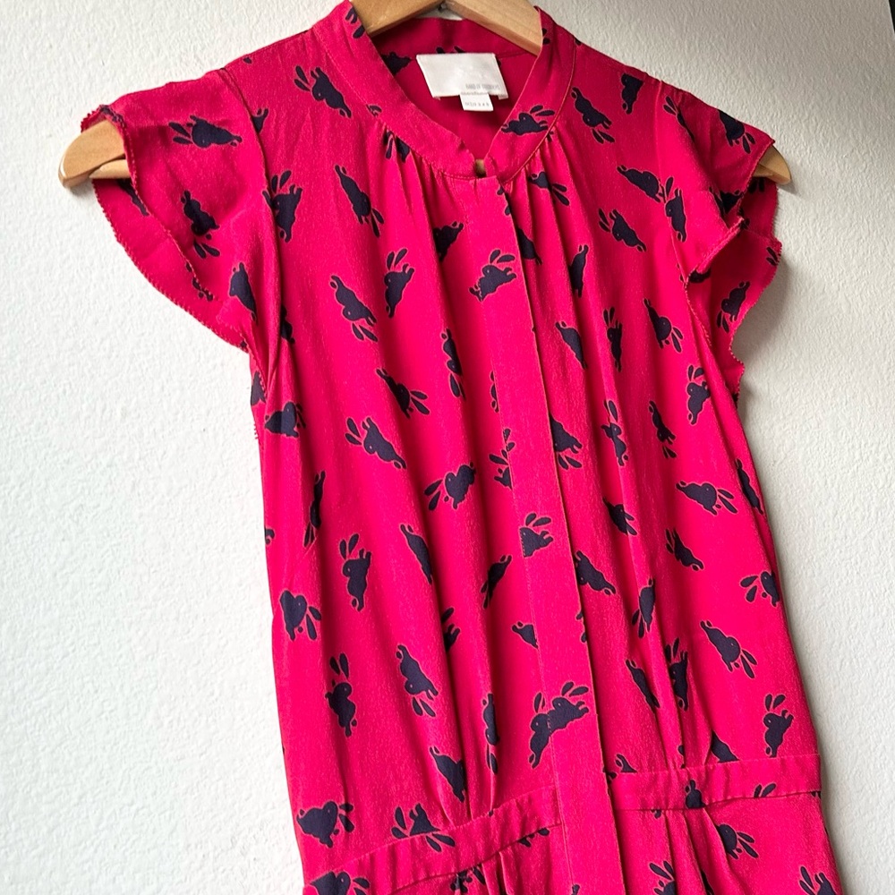 Band Of Outsiders Red Black Silk Bunny Rabbit Print Shirtdress Sz S - Picture 7 of 16